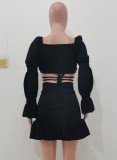 Fall Sexy Black Sweetheart Puff Sleeve Crop Top And Ruched Mini Skirt Set