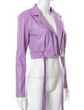 Winter Fshion Purple Leather Long Sleeve Cropped Jacket with Belt
