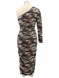 Fall Plus Size Camouflage Print One Shoulder Long Dress