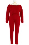 Fall Plus Size Casual Red Long Sleeve Irregular Top And Skinny Pants Set