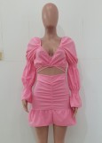Fall Sexy Pink Sweetheart Puff Sleeve Crop Top And Ruched Mini Skirt Set