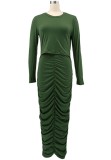 Fall Sexy Green Long Sleeve Round Neck Crop Top And Long Dress Set