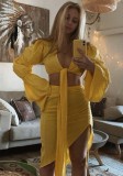 Fall Yellow Puffed Long Sleeve V-Neck Crop Top And Laceed Up Slit Dress Set