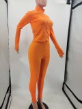 Fall Sexy Orange Turn Down Collar With Zip Long Sleeve Top And Pant Set