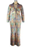 Fall Plus Size Sexy Floral Tie-Knotted Long Sleeve Blouse And Loose Pants Set