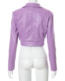 Winter Fshion Purple Leather Long Sleeve Cropped Jacket with Belt