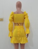 Fall Sexy Yellow Sweetheart Puff Sleeve Crop Top And Ruched Mini Skirt Set