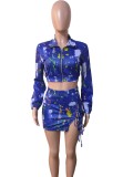 Fall Fashion Blue Print Turn Down Collar Long Sleeve Crop Top And Mini Tie Dress Set