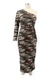 Fall Plus Size Camouflage Print One Shoulder Long Dress