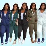 Fall Plus Size Casual Gray Zipper Hoode Two Piece Tracksuits