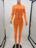 Fall Sexy Orange Turn Down Collar With Zip Long Sleeve Top And Pant Set