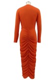 Fall Sexy Orange Long Sleeve Round Neck Crop Top And Long Dress Set