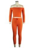 Fall Orange Rib Off Shoulder Long Sleeve Crop Top And Pants Set