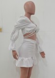 Fall Sexy White Sweetheart Puff Sleeve Crop Top And Ruched Mini Skirt Set
