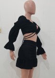 Fall Sexy Black Sweetheart Puff Sleeve Crop Top And Ruched Mini Skirt Set