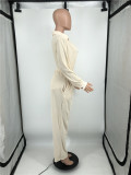 Fall Fashion Beige White Rib Button Up Loose Blouse and Pants Set