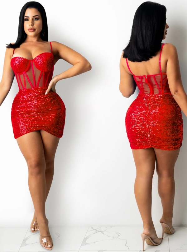 Summer Red Sequins Straps Wrap Mini Party Dress