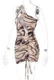 Summer Print Cut Out One Shoulder Ruch Strings Mini Dress