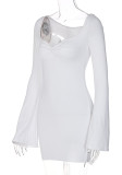 Autumn White Square Vintage Mini Dress with Long Sleeves
