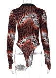 Autumn Sexy High Cut Print Wavy Long Sleeve V-Neck Bodysuit