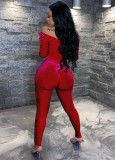 Winter Red Off Shoulder Fitted Velour Jumpsuit