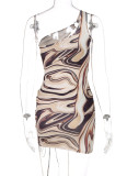 Summer Print Cut Out One Shoulder Ruch Strings Mini Dress
