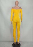 Winter Yellow Off Shoulder Fitted Velour Jumpsuit