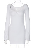 Autumn White Square Vintage Mini Dress with Long Sleeves