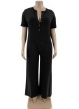 Summer Black Short Sleeves Casual Loose Jumpsuit with Pockets