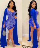Winter Blue Beaded Sexy Mini Bodycon Dress with Long Sleeves
