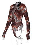 Autumn Sexy High Cut Print Wavy Long Sleeve V-Neck Bodysuit
