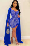 Winter Blue Beaded Sexy Mini Bodycon Dress with Long Sleeves