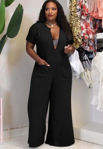Summer Black Short Sleeves Casual Loose Jumpsuit with Pockets
