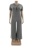 Summer Grey Short Sleeves Casual Loose Jumpsuit with Pockets