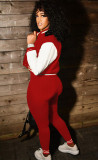 Winter Red Contrast Baseball Jacket and Matching Pants Set