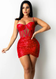 Summer Red Sequins Straps Wrap Mini Party Dress