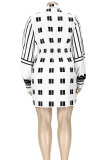 Autumn White and Black Print Deep-V Long Sleeve Party Dress