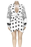 Autumn White and Black Print Deep-V Long Sleeve Party Dress