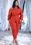 Autumn Casual Red Stacked Jumpsuit with Pockets