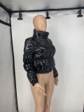 Winter Black High Neck Zip Up Short Padded Leather Coat