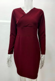 Winter Burgunry Knit V-Neck High Waist Wrap Midi Dress