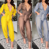 Autumn Sexy Deep-V Grey Jumpsuit with Belt