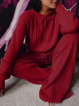 Top e calças de tricô vermelho de inverno com capuz e calça 2PC conjunto lounge