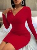 Winter Red Knit V-Neck High Waist Wrap Midi Dress