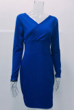 Winter Royal Knit V-Neck High Waist Wrap Midi Dress