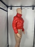 Winter Red High Neck Zip Up Short Padded Leather Coat