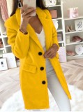 Manteau de veste longue mince à col rabattu jaune d'hiver avec poche