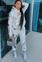 Weißer Kapuzen-Sweatsuit mit Winter-Print und Tasche