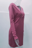 Winter Purple Knit V-Neck High Waist Wrap Midi Dress