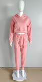 Winter Pink Crop Top and Pants Hooded Sweatsuit with Pockets